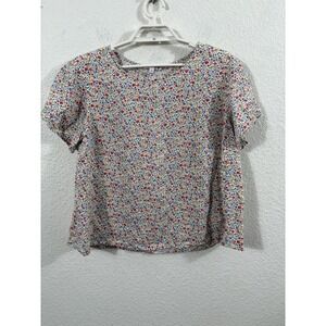 Liberty For Uniqlo Shirt Womens Medium White Floral 100% Linen Short Sleeve Top